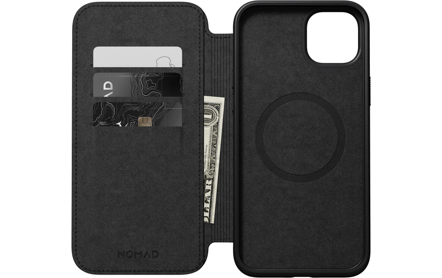 Nomad Book Cover Modern Leather Folio iPhone 15 Plus Marrone
