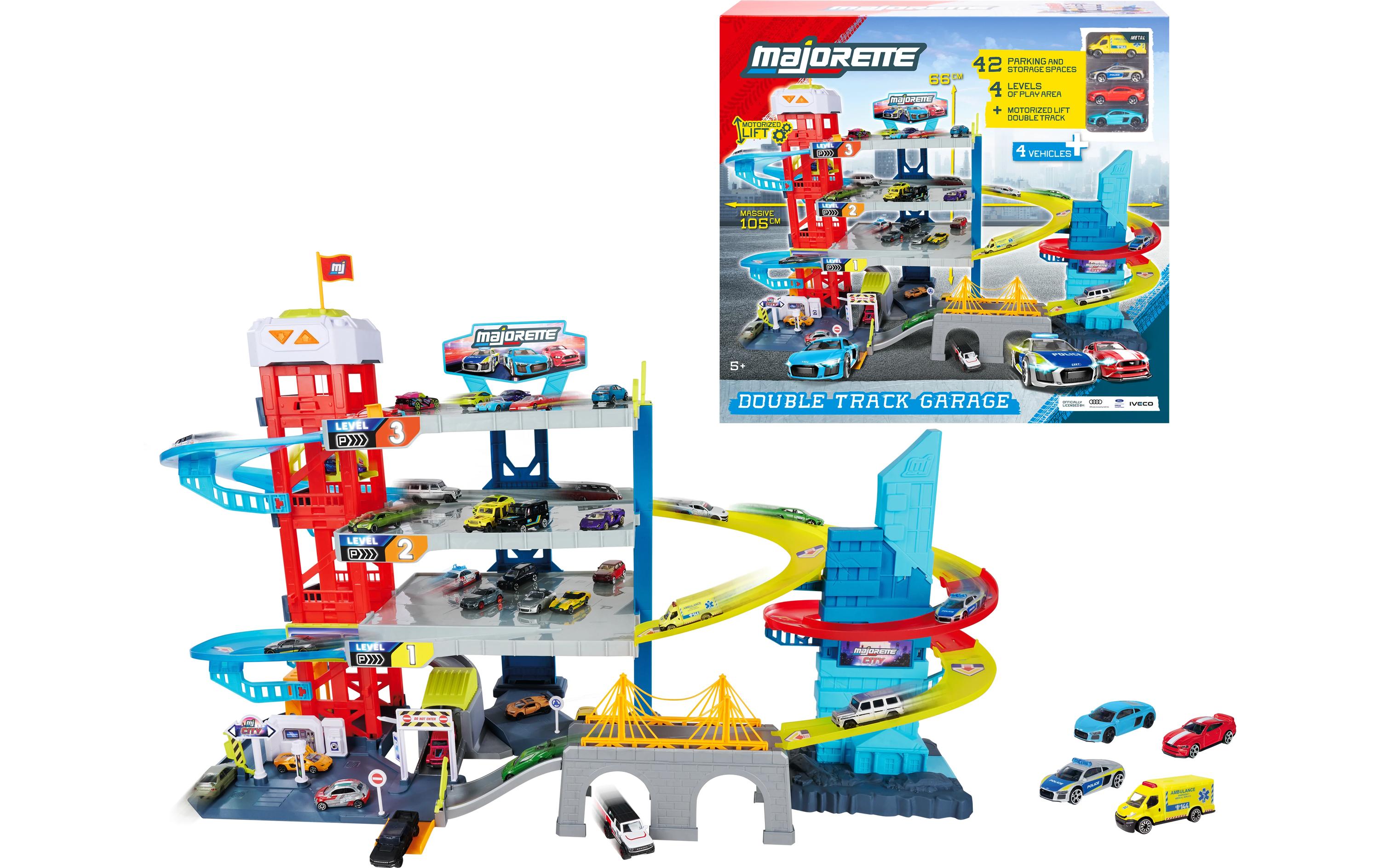 Majorette Double Track Garage + 4 Vehicles 4-stöckig, mit 4 Fahrzeugen