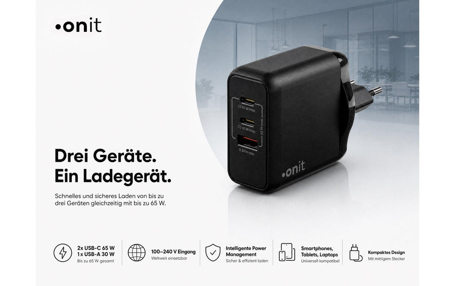onit USB-Wandladegerät Triple 2C1A 65 W GaN Schwarz - Foto 2