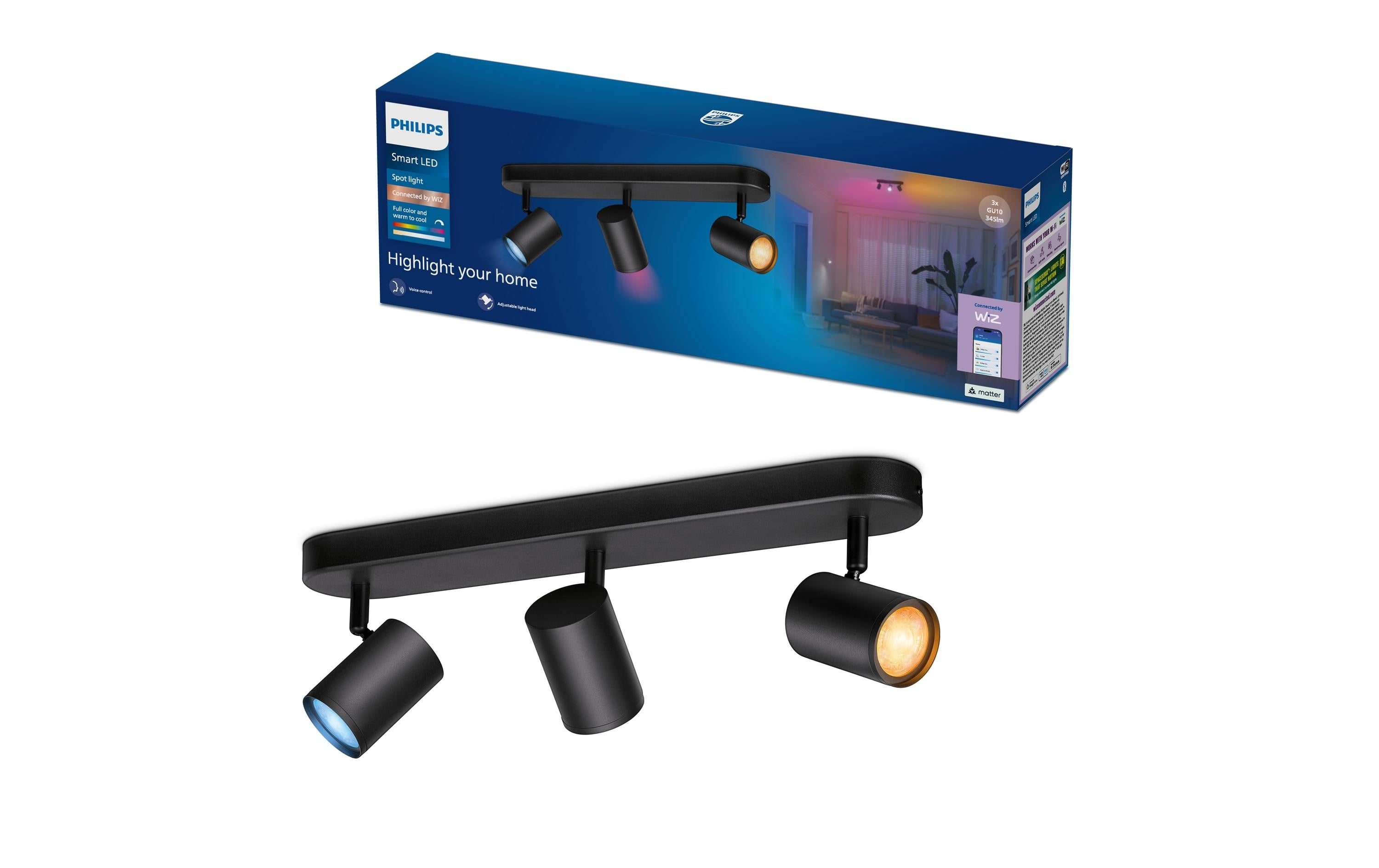Philips Smart Lighting Smarter 3-flammiger Spot Schwarz, GU10, 16 Mio. Farben