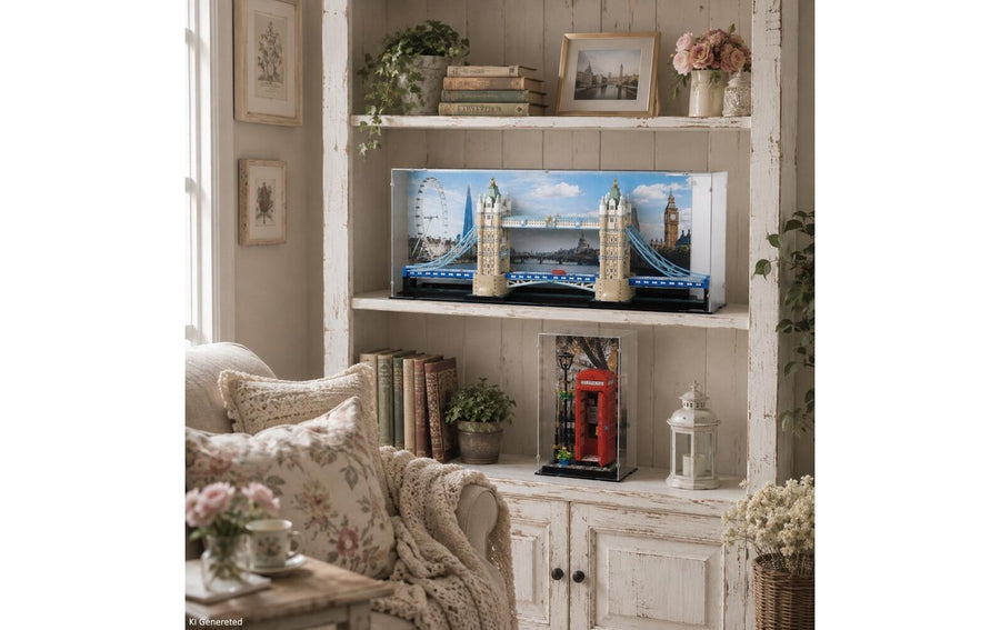 iDisplayit Acryl-Display für LEGO® 21067 Tower Bridge (Mit Hintergrundbild & schwarzem Boden)